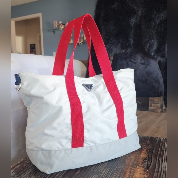 Authentic Prada Tote Bag in White with Red Straps